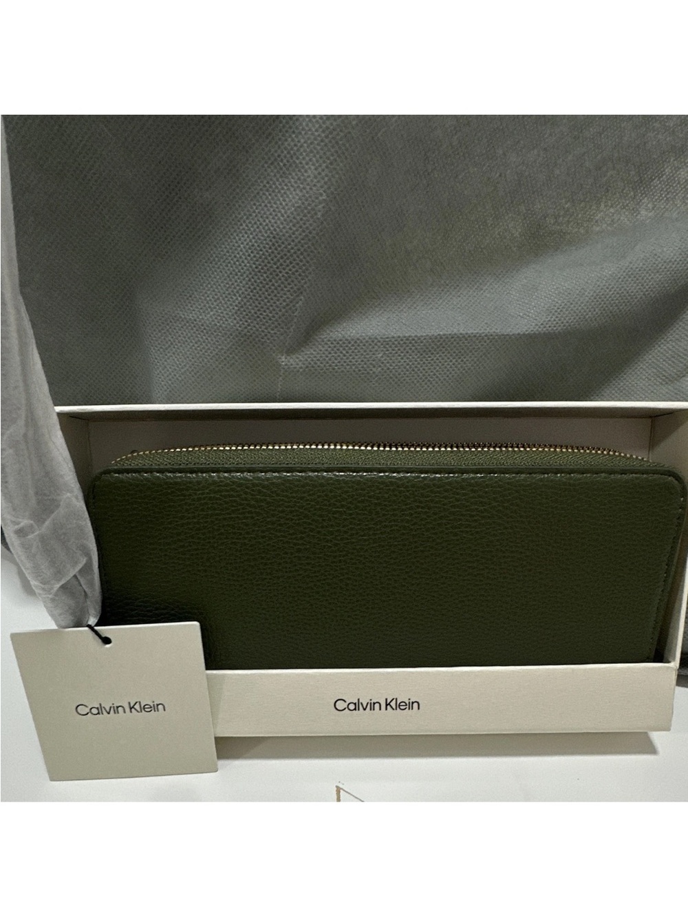 Calvin Klein Olive Zip-Around Pebbled Leather Wallet